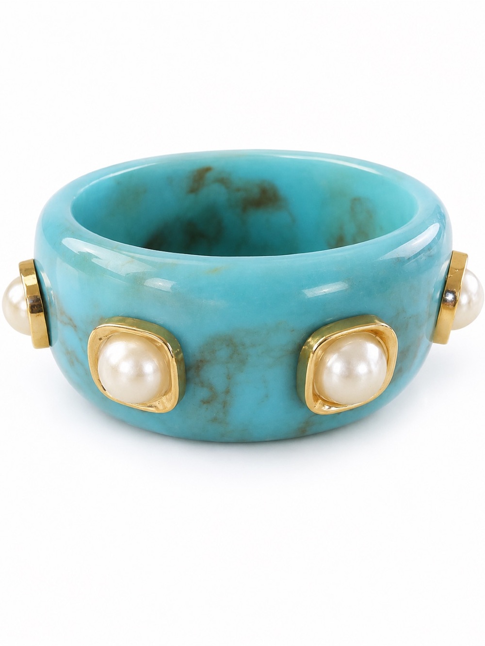Brand New Chunky Turquoise Green Pearl Statement Bangle Bracelet Gold Tone